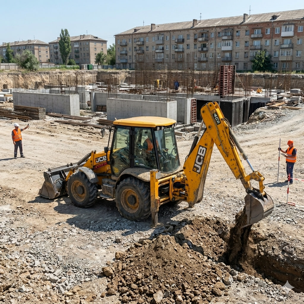 Екскаватор JCB копає траншею на будівельному майданчику