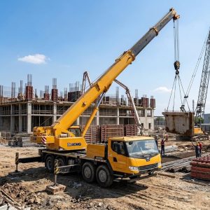 Автокран XCMG переміщує будівельний контейнер на майданчику